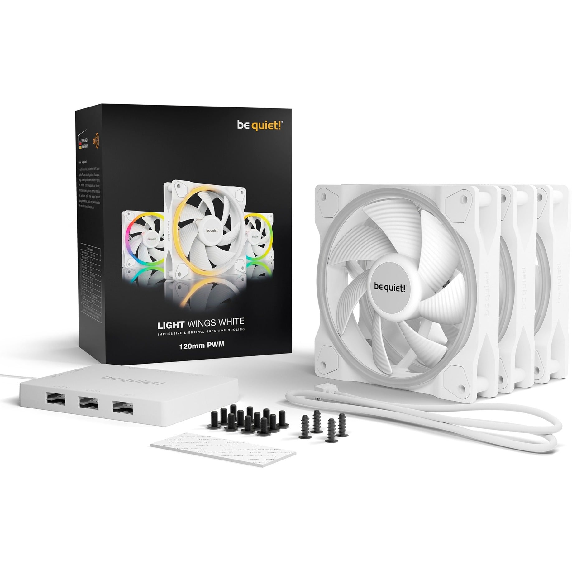 Be Quiet Light Wings White 120mm Pwm Triple Pack Case Fan White Pack Of Incl Argb Hub